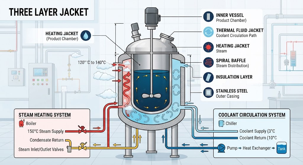 What Is the Core Mixing Structure of the 200L Vacuum Dispersing Mixer? Heating/Cooling System - Diagram Showing the Three-Layer Jacket Structure What Is the Core Mixing Structure of the 200L Vacuum Dispersing Mixer? Heating/Cooling System - Diagram Showing the Three-Layer Jacket Structure